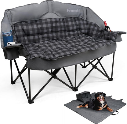 Double camping chair padded loveseat in gray with two cup holders set up outdoors for backyard and tailgate use seating two adults comfortably