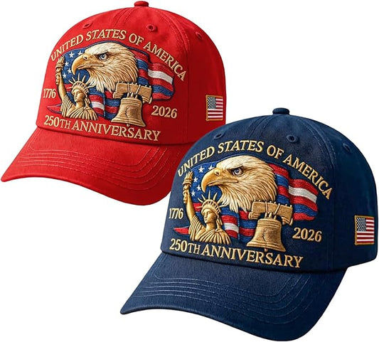 2-pack 250th Anniversary eagle embroidered patriotic baseball cap adjustable navy blue red 1776-2026