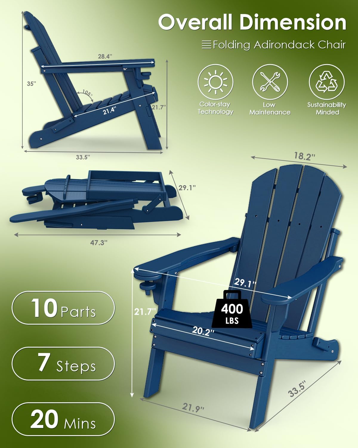 Set of 2 blue folding HDPE Adirondack chairs with cup holders for fire pit deck patio and outdoor use