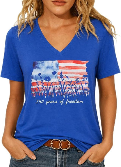 American Flag T Shirt Women USA Star Stripes Fourth July Tee Shirts Casual America Flag Print V Neck Tee Tops