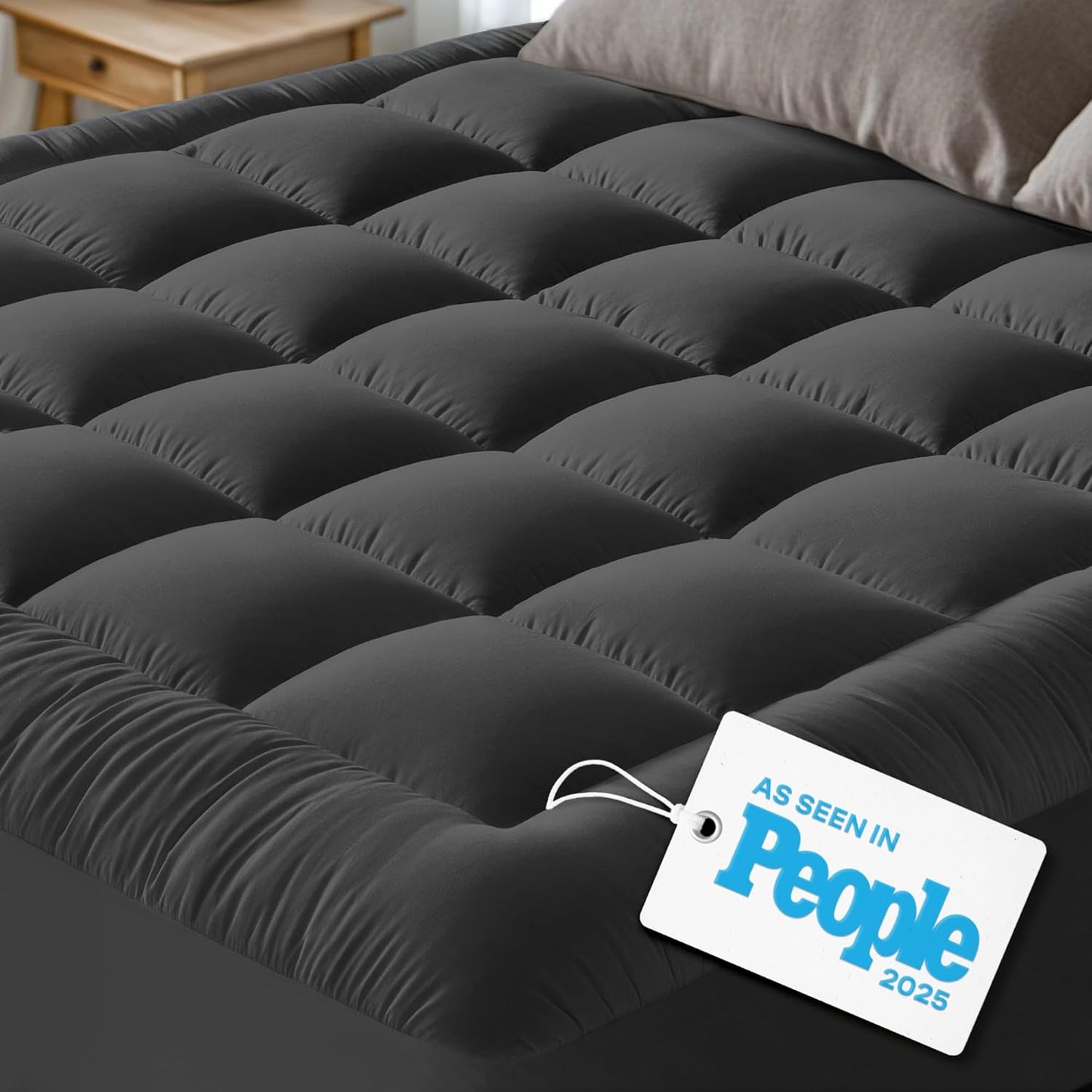 100% Cotton Top Queen Mattress Topper - Cloud-Like Mattress Pad for Back Pain Relief - Breathable & Naturally Cooling for Hot Sleepers, Dark Gray