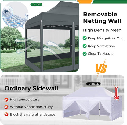 COBIZI 10x20 heavy duty gray pop up canopy tent with 6 mosquito netting sidewalls set up in backyard for outdoor party