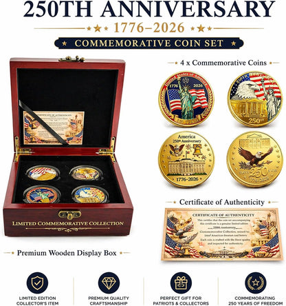 250th Anniversary USA Coin Set (1776–2026) — 4-Piece Patriotic Challenge Coins with Wooden Box & Card | America 250th Commemorative Keepsake Gift