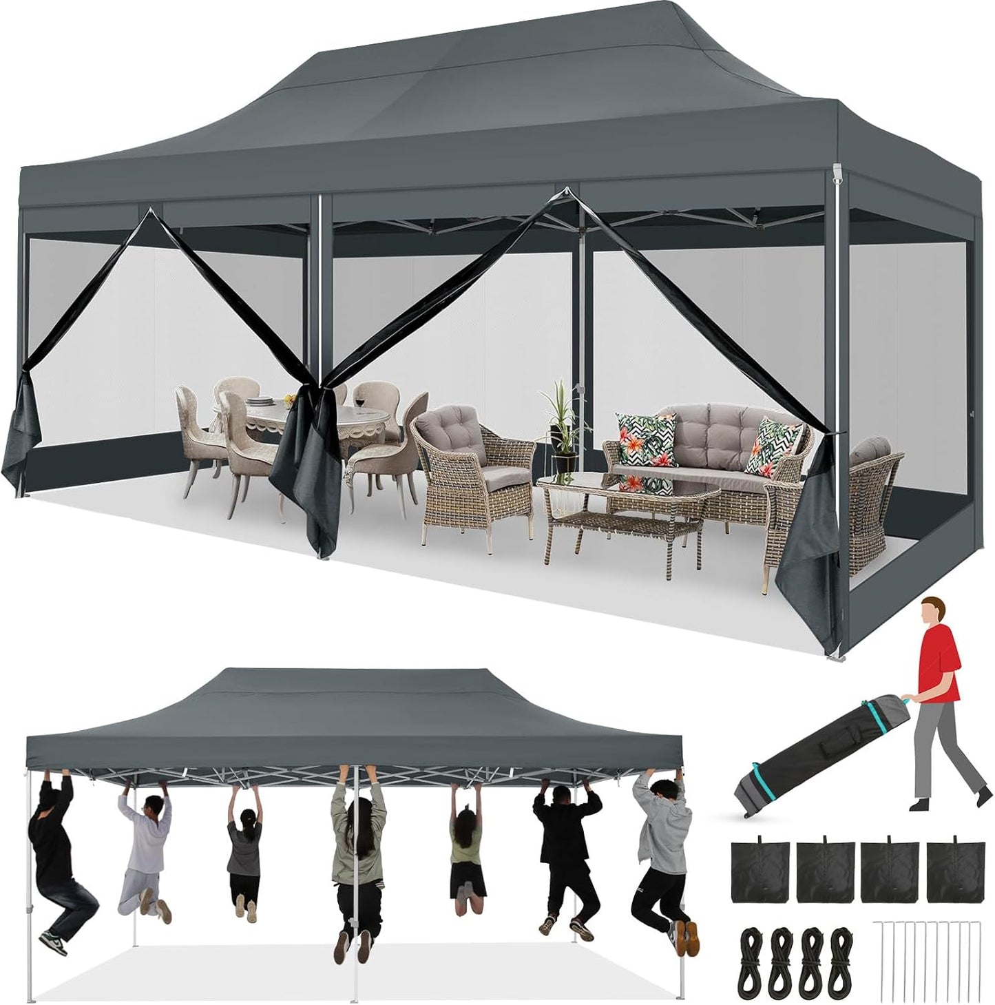 COBIZI 10x20 heavy duty gray pop up canopy tent with 6 mosquito netting sidewalls set up in backyard for outdoor party