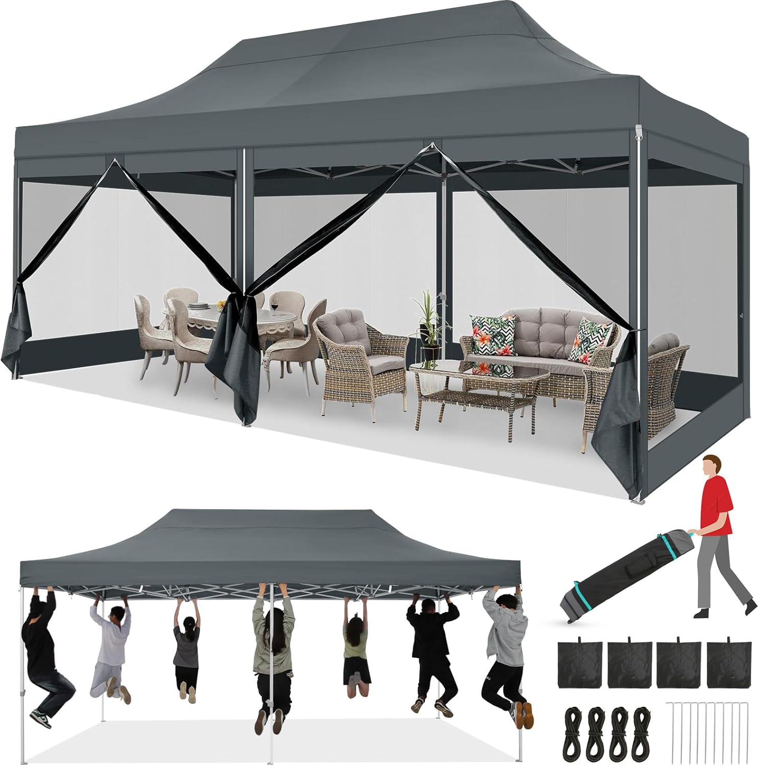 COBIZI 10x20 heavy duty gray pop up canopy tent with 6 mosquito netting sidewalls set up in backyard for outdoor party