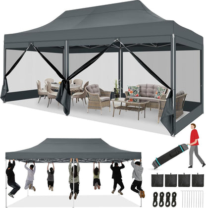 COBIZI 10x20 heavy duty gray pop up canopy tent with 6 mosquito netting sidewalls set up in backyard for outdoor party
