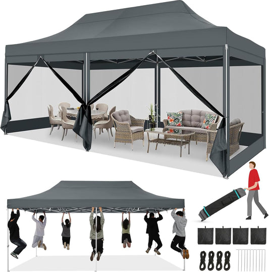 COBIZI 10x20 heavy duty gray pop up canopy tent with 6 mosquito netting sidewalls set up in backyard for outdoor party