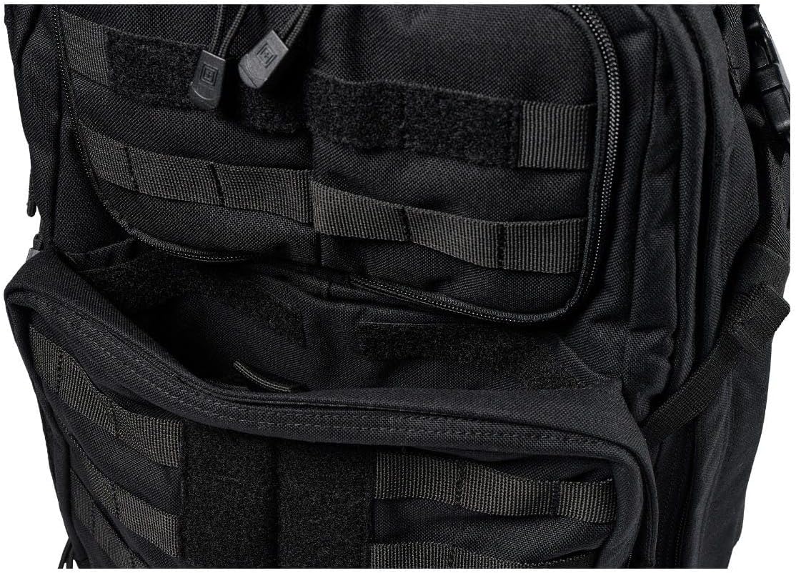 5.11 Tactical RUSH 24 2.0 37L military backpack in black with MOLLE webbing, padded shoulder straps and multiple compartments, ideal for veterans and law enforcement.
