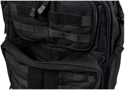 5.11 Tactical RUSH 24 2.0 37L military backpack in black with MOLLE webbing, padded shoulder straps and multiple compartments, ideal for veterans and law enforcement.
