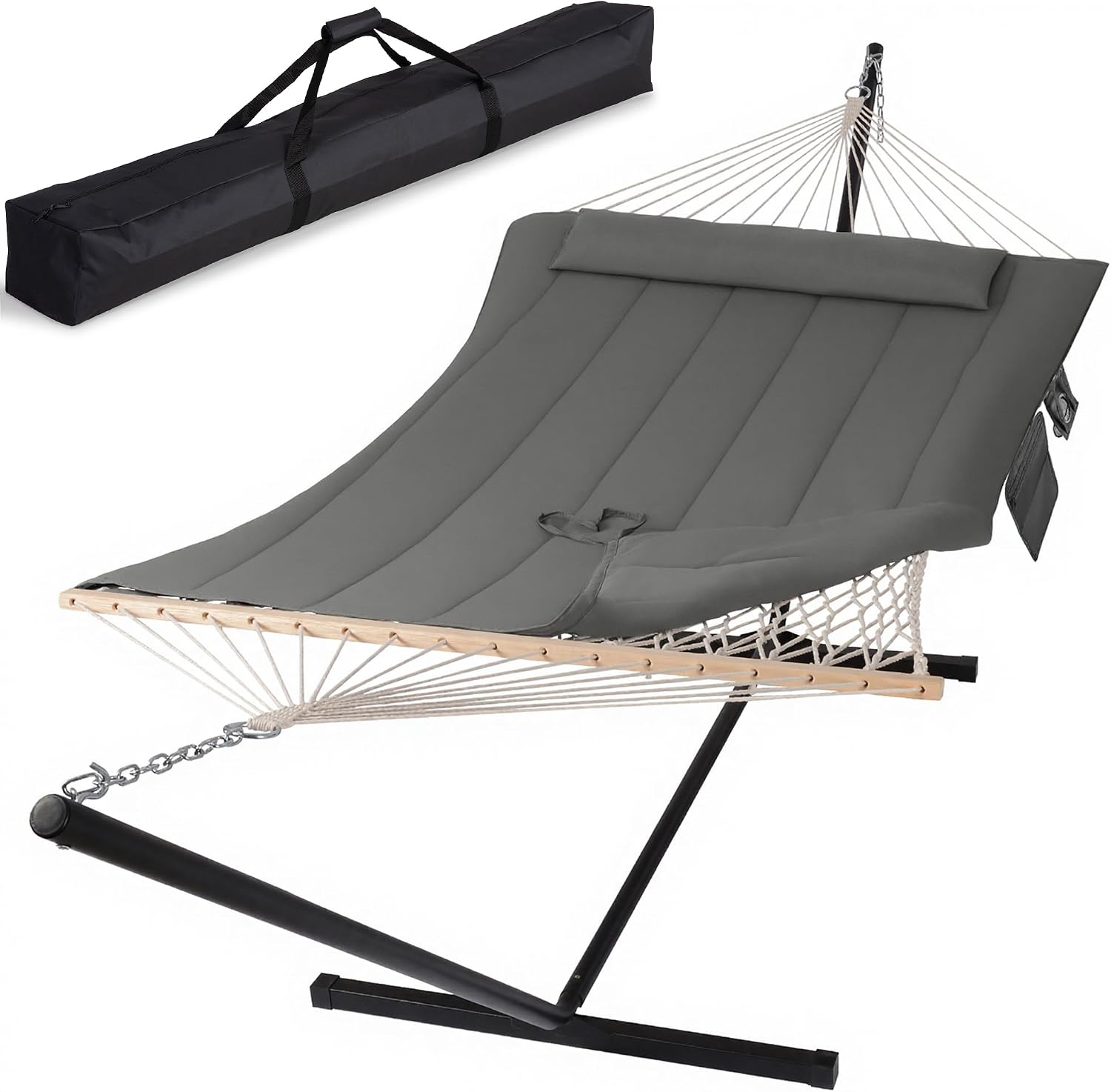 SUNCREAT double outdoor hammock in dark gray with quilted polyester pad and steel stand set up in backyard for two person lounging