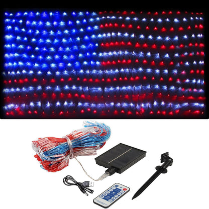 420 LED solar powered American flag string lights displayed on a yard fence for 4th of July decoration