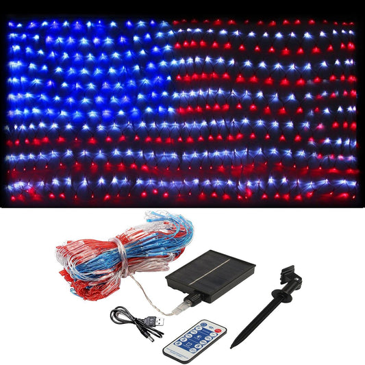 420 LED solar powered American flag string lights displayed on a yard fence for 4th of July decoration