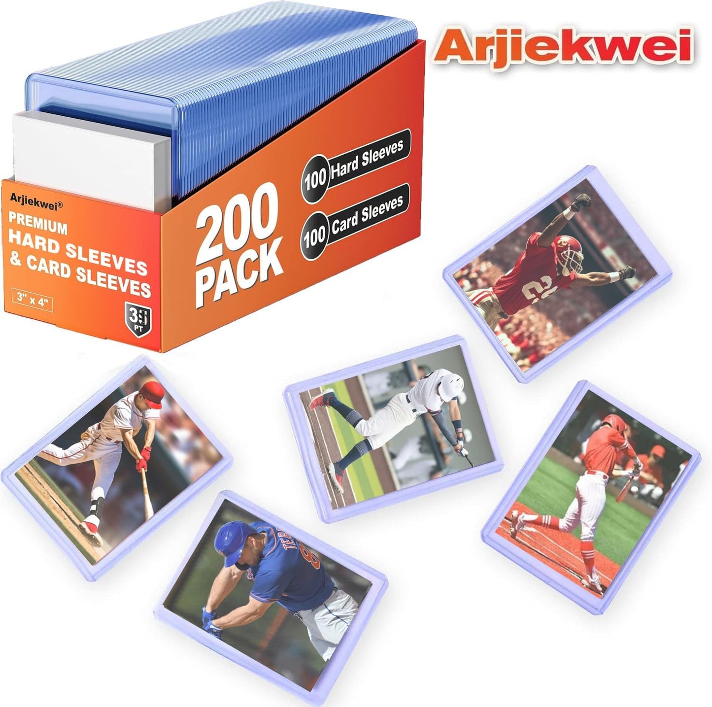 200 Card Sleeves Hard Plastic, Arjiekwei 3"X4" Baseball Cards Protectors Plastic, Premium Card Holder for Trading Sports Baseball Football Game Cards (100 Hard Sleeve + 100 Soft Sleeve)