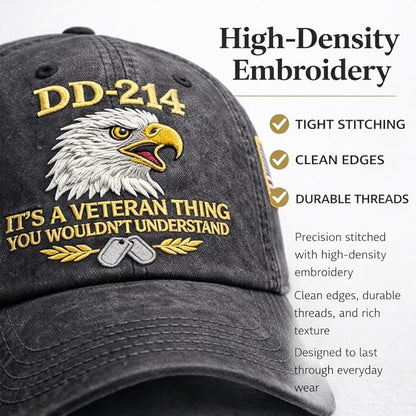 DD-214 Veteran Embroidered Hat | Patriotic Military Baseball Cap with American Flag | Adjustable Fit