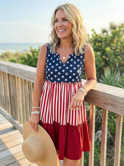 American Flag Star Vertical Striped Ruffled Mini Dress