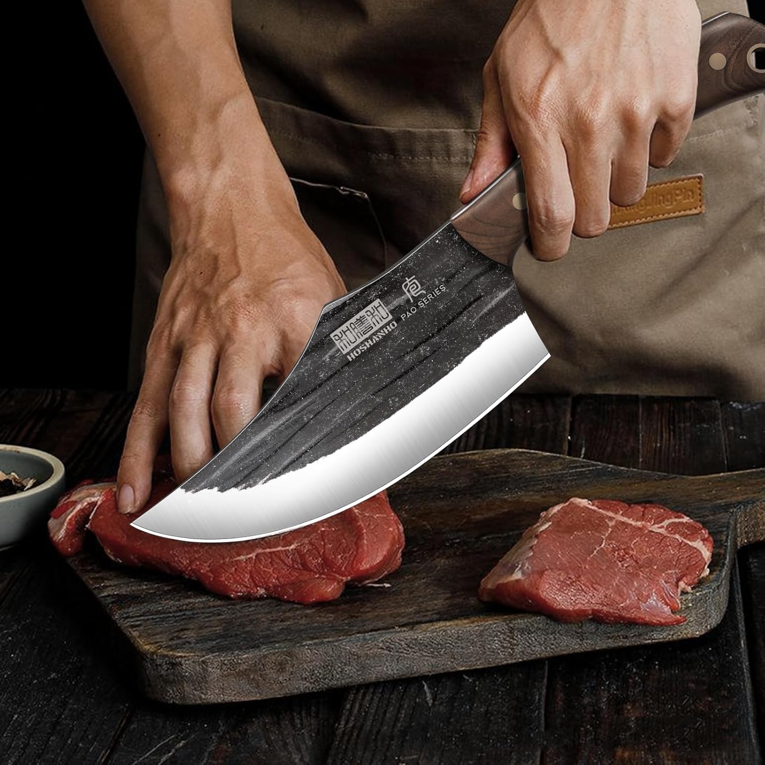 HOSHANHO hand forged butcher knife set with meat cleaver bone chopper and fillet knives in roll bag BBQ and camping gift for men