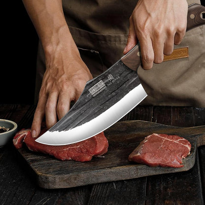 HOSHANHO hand forged butcher knife set with meat cleaver bone chopper and fillet knives in roll bag BBQ and camping gift for men