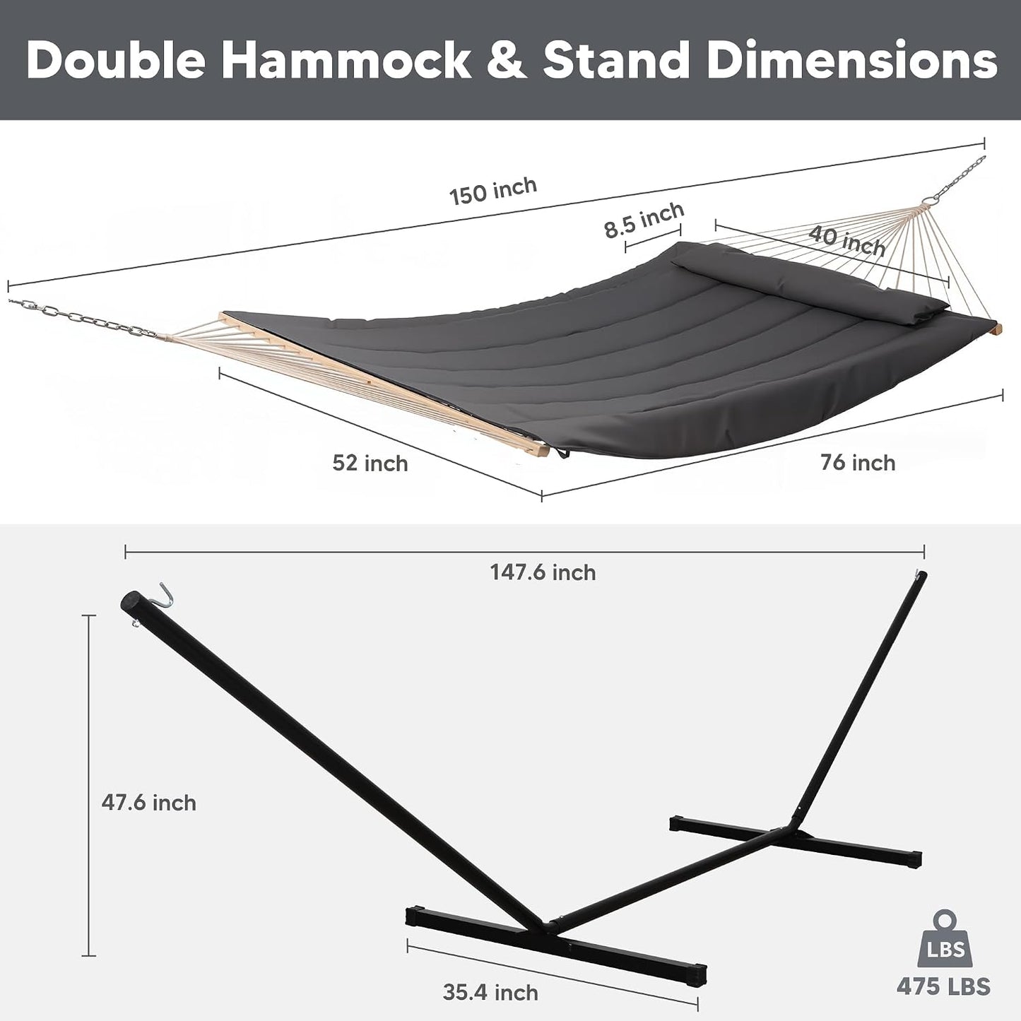 SUNCREAT double outdoor hammock in dark gray with quilted polyester pad and steel stand set up in backyard for two person lounging