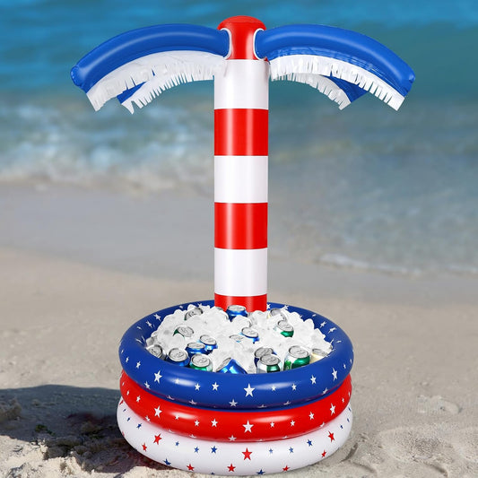 60 inch American flag inflatable palm tree cooler standing poolside decorated in red white and blue for a 4th of July party