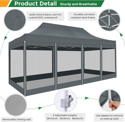 COBIZI 10x20 heavy duty gray pop up canopy tent with 6 mosquito netting sidewalls set up in backyard for outdoor party