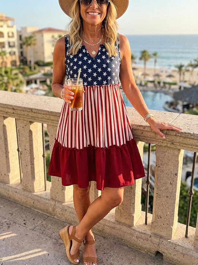 American Flag Star Vertical Striped Ruffled Mini Dress