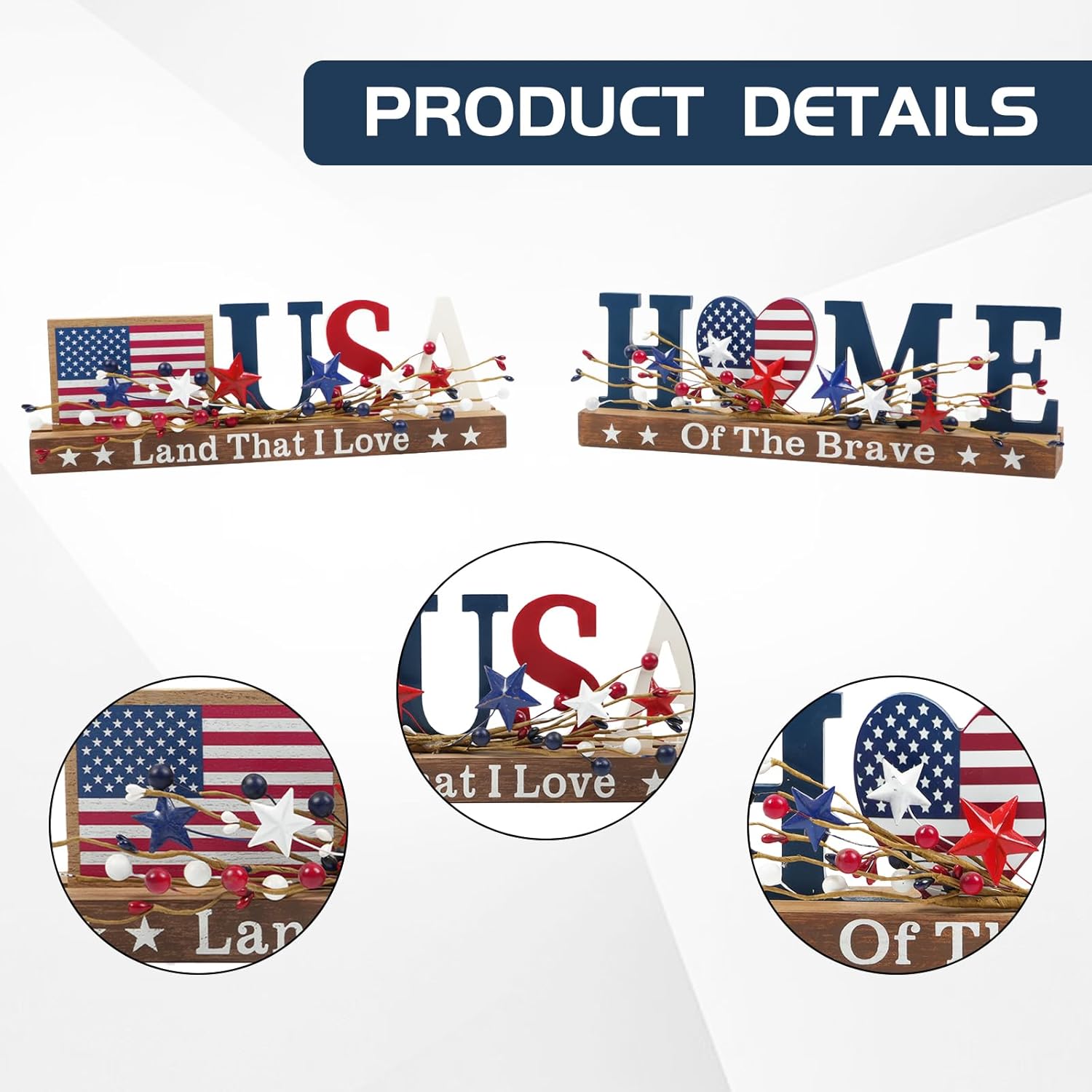 2 piece patriotic USA and Home wooden tabletop signs with red white blue berry stars for Memorial Day 4th of July tiered tray and home office decor