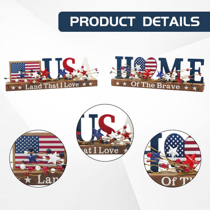 2 piece patriotic USA and Home wooden tabletop signs with red white blue berry stars for Memorial Day 4th of July tiered tray and home office decor