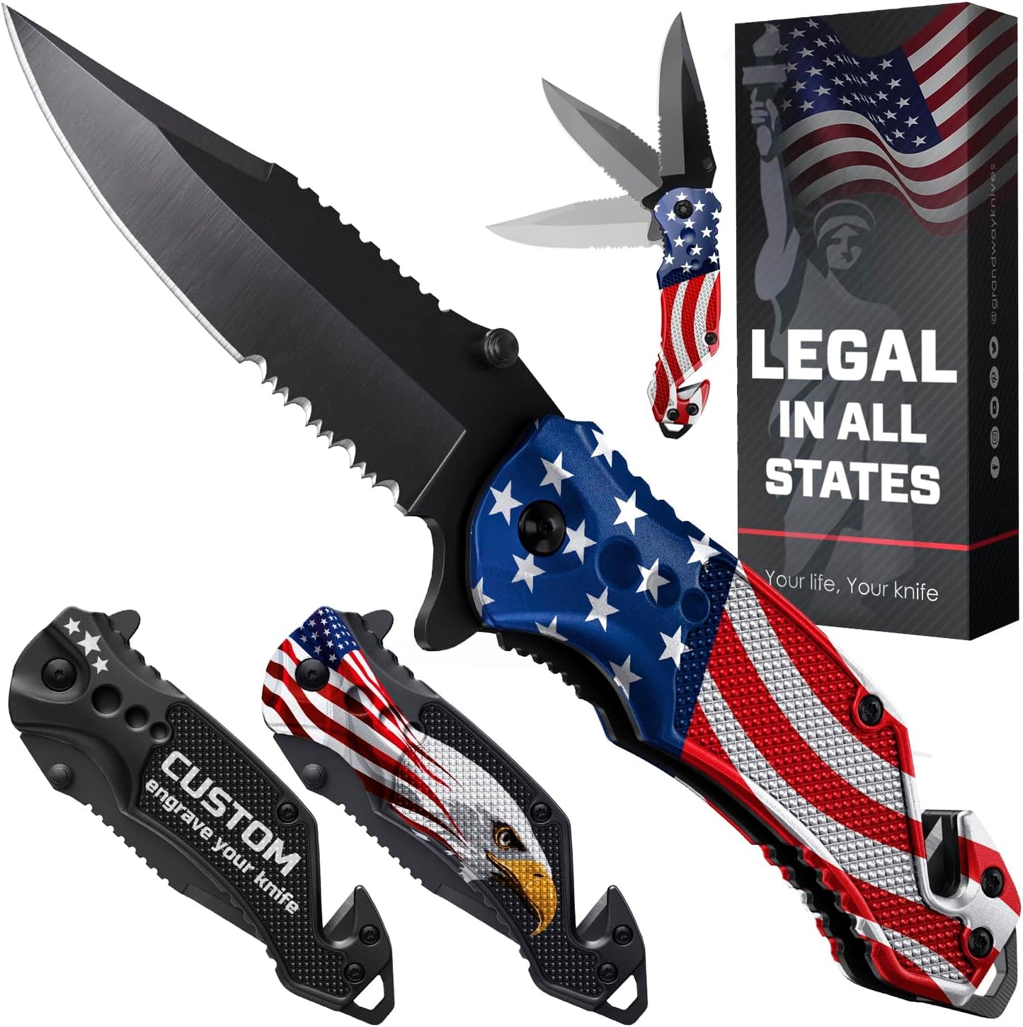 GOOD WORKER legal EDC folding pocket knife with serrated blade glass breaker and seat belt cutter with pocket clip
