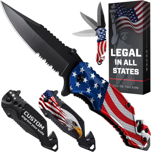 GOOD WORKER legal EDC folding pocket knife with serrated blade glass breaker and seat belt cutter with pocket clip