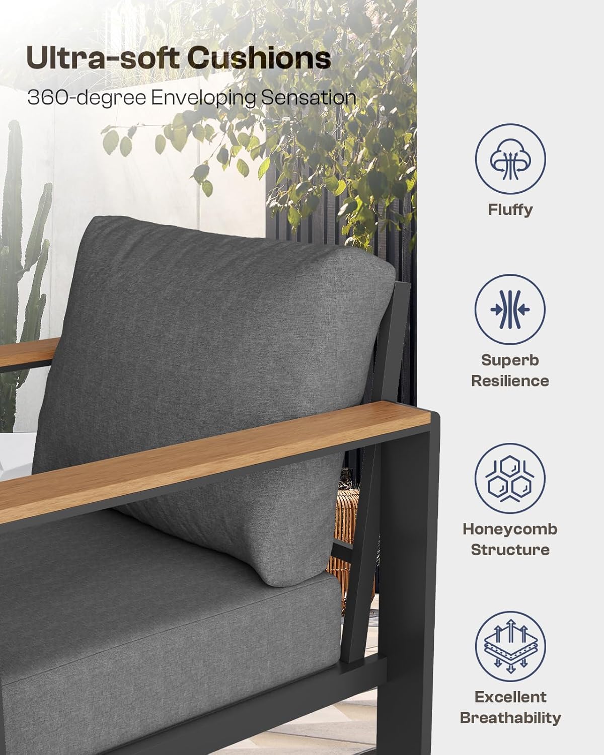 Oasbira 5-piece aluminum patio furniture set in graphite with thick cushioned sectional sofa and coffee table set up on backyard deck