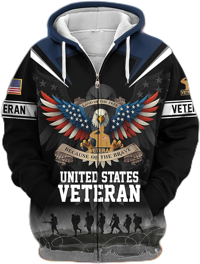 United States Veteran zip-up military hoodie patriotic fleece sweatshirt gift for veterans