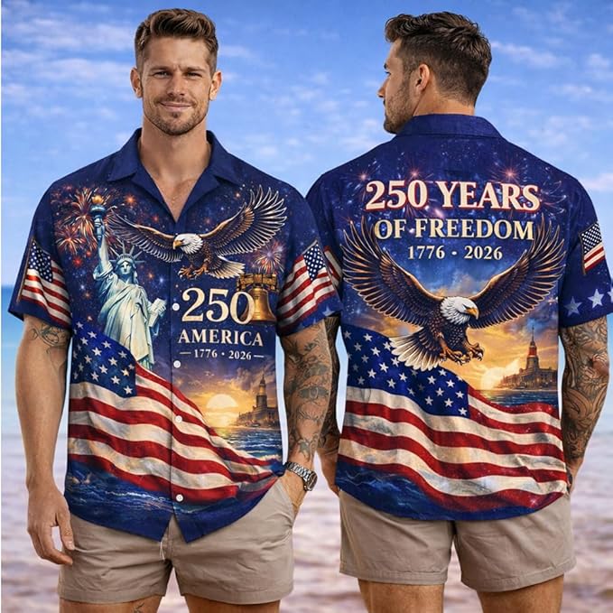 Men's 250th Anniversary patriotic art print Hawaiian shirt 1776-2026 Independence Day button down