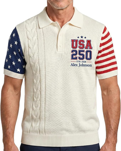 Personalized embroidered USA 250th Anniversary patriotic knit sweater polo for men custom name 1776-2026