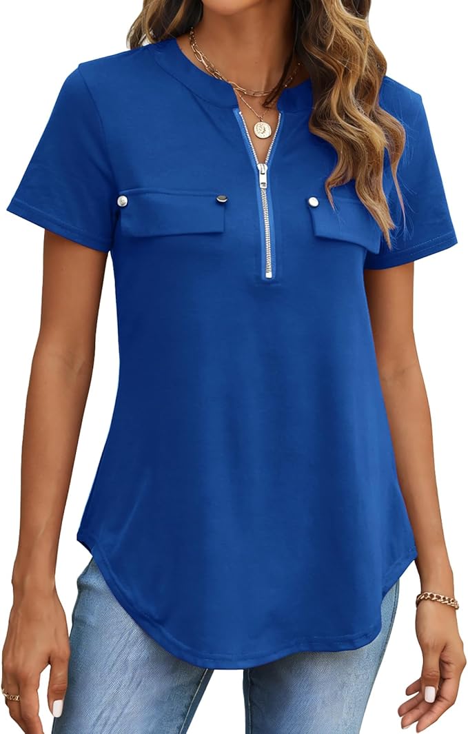 Halife women's short sleeve zip front flowy dressy casual blouse for business and work