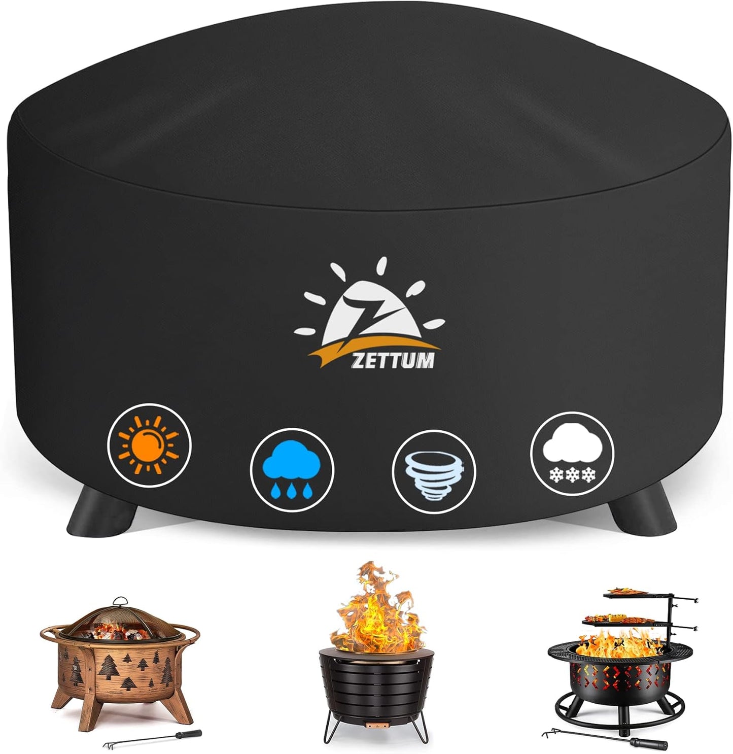 Black round 44-inch heavy duty waterproof fire pit cover with buckle straps on an outdoor fire pit on a patio
