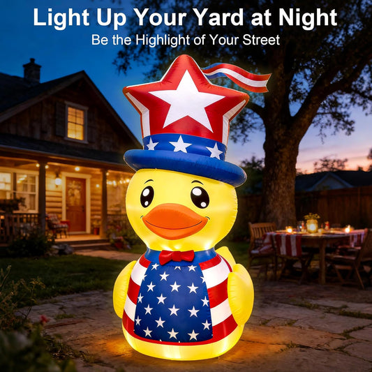 5 foot patriotic inflatable duck with built-in LED lights displayed in a yard for 4th of July decoration