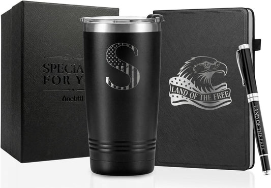 Onebttl personalized men's gift set with 20oz stainless steel tumbler, artisan journal with gold foil cover, and signature pen in a premium gift box