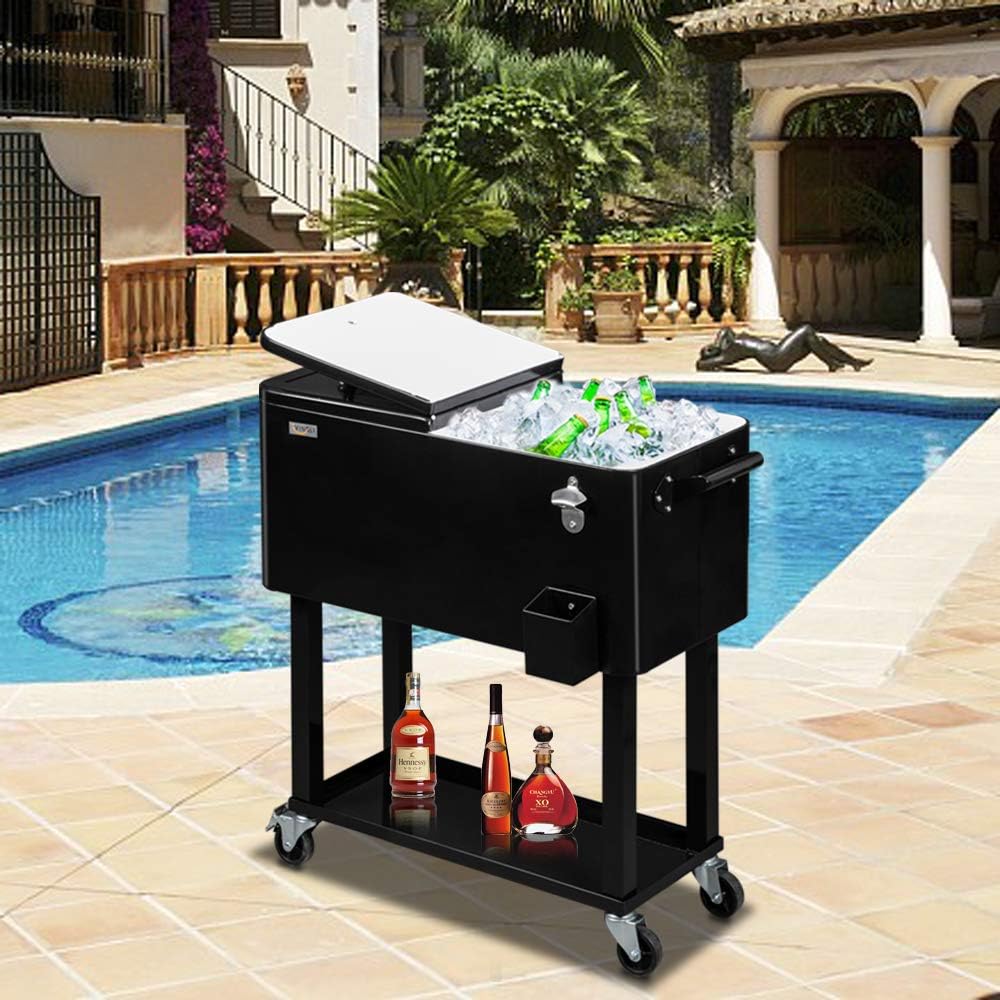 VINGLI 80-quart rolling ice chest cooler cart in red with bottle opener and shelf set up outdoors at a backyard party