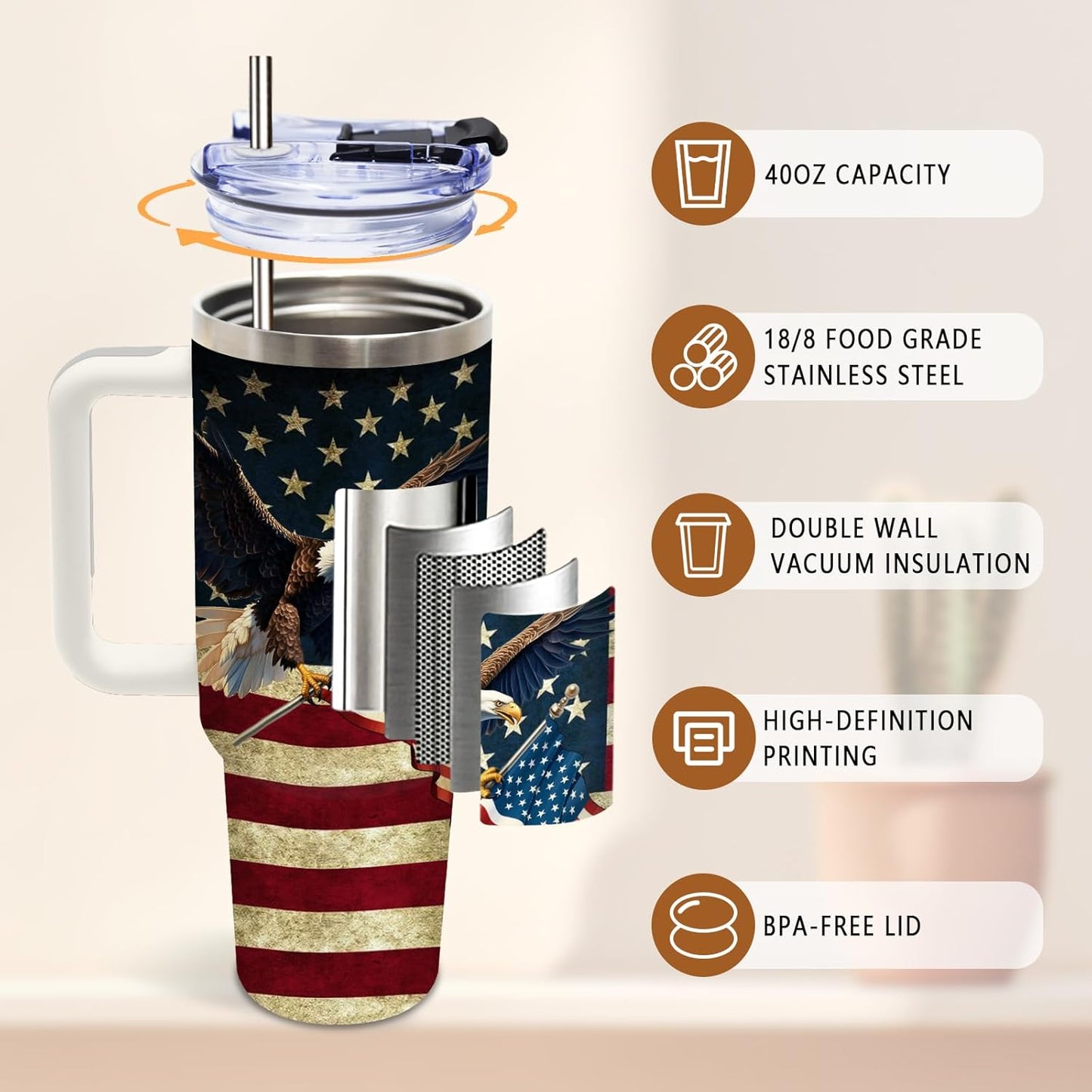 DUUV 40oz eagle American flag insulated tumbler in vintage patriotic design on a rustic outdoor background