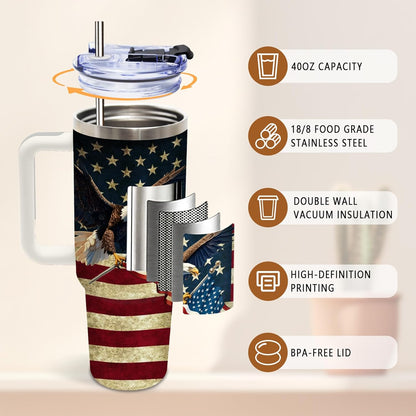 DUUV 40oz eagle American flag insulated tumbler in vintage patriotic design on a rustic outdoor background