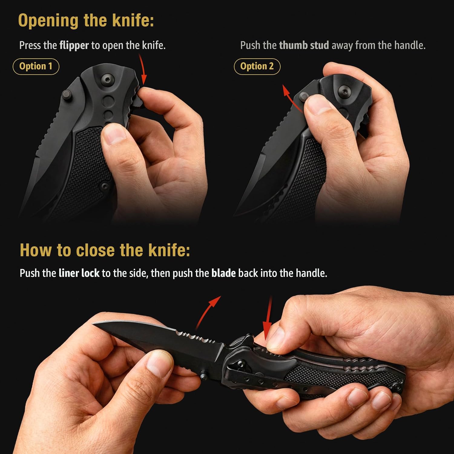 GOOD WORKER legal EDC folding pocket knife with serrated blade glass breaker and seat belt cutter with pocket clip