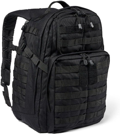 5.11 Tactical RUSH 24 2.0 37L military backpack in black with MOLLE webbing, padded shoulder straps and multiple compartments, ideal for veterans and law enforcement.