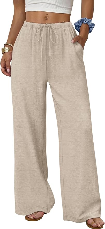Sampeel women's wide leg palazzo pants with pockets flowy drawstring elastic waist summer trousers