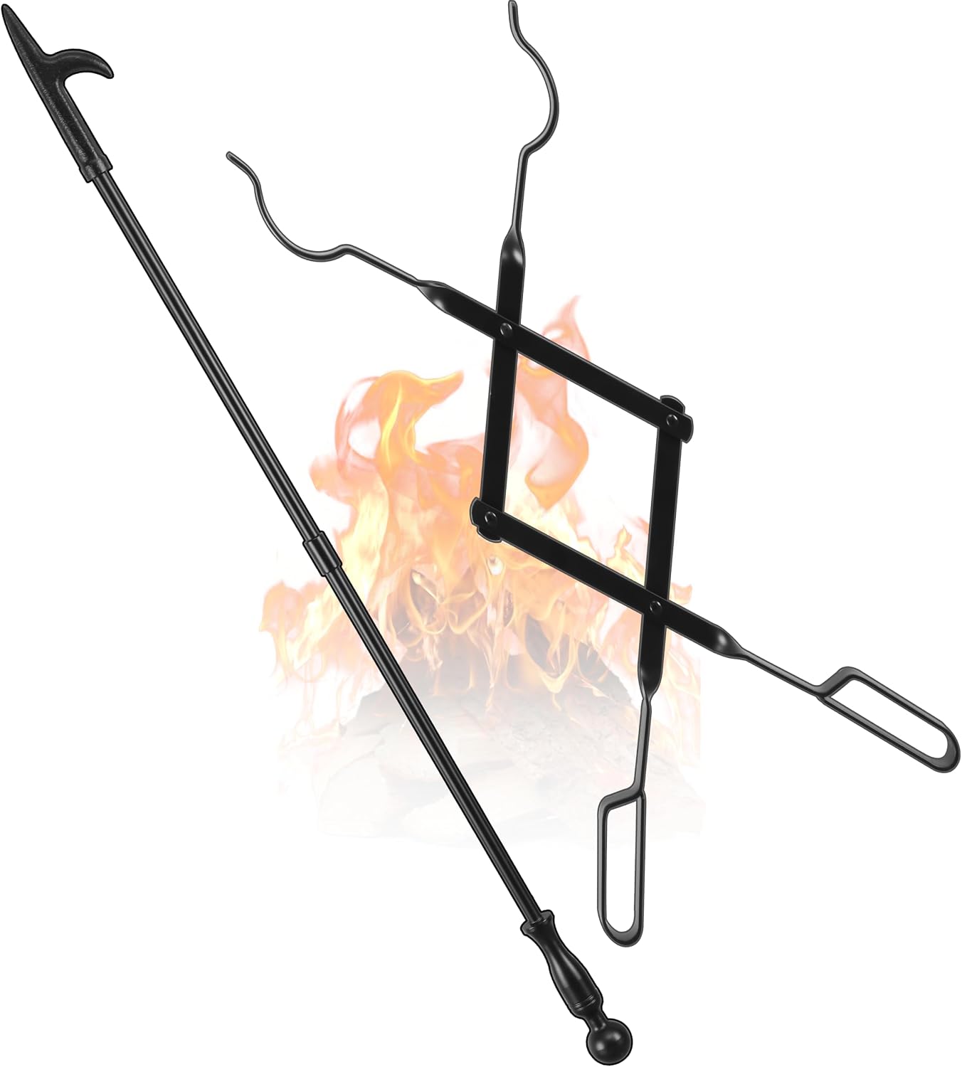 Black metal fireplace poker and tongs set laid out next to an outdoor fire pit on a patio