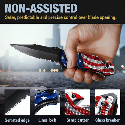 GOOD WORKER legal EDC folding pocket knife with serrated blade glass breaker and seat belt cutter with pocket clip