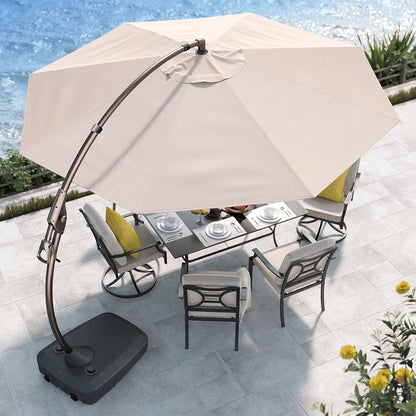 Grand Patio 11 foot cantilever offset umbrella in champagne with wheeled base providing shade over backyard patio seating area