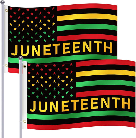 2-pack of 3x5 ft Juneteenth African American flag banners displayed outdoors on a lawn