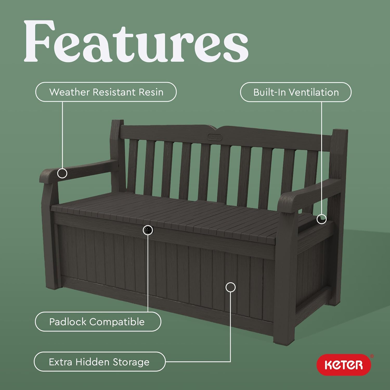 Keter Solana 70 gallon outdoor storage bench deck box in brown resin with wood texture finish on backyard patio storing cushions and pool accessories