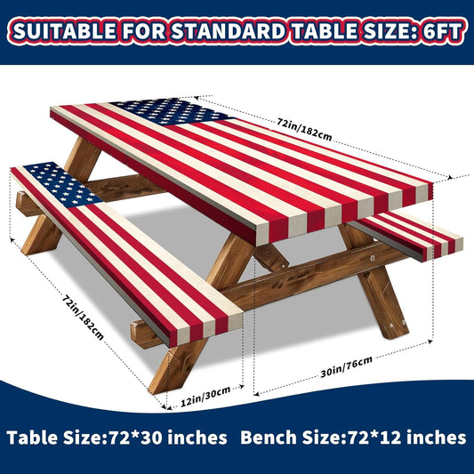 6 foot vintage American flag picnic table cover with bench covers set up outdoors for a 4th of July cookout