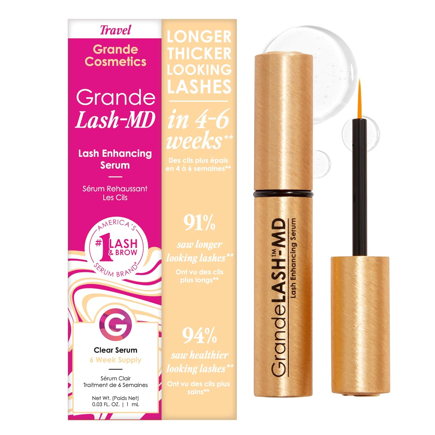 Grande Cosmetics GrandeLASH-MD Lash Enhancing Serum — peptide and vitamin-infused formula for longer, thicker, fuller lashes, ophthalmologist tested and cruelty-free, available at VeteransValueHub.